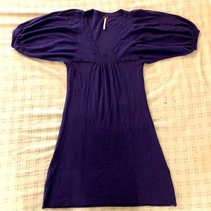 Free People Balloon Sleeve Baby Doll Mini Dress Plunge Neckline. Purple Size XS.
